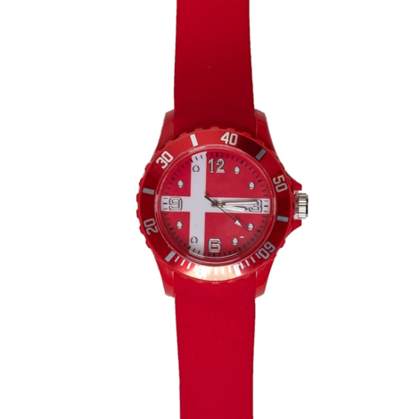 Rødt armbåndsur med hvidt kors på urskiven, ligner Danmarks flag.