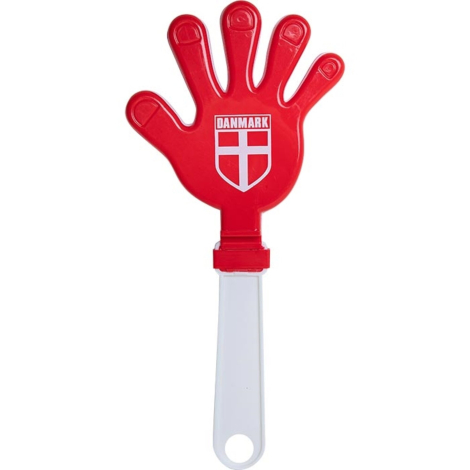 Rød håndklapper med hvidt håndtag og 