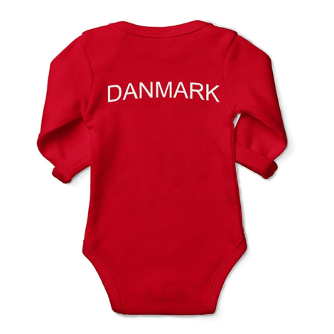Baby bodystocking i rød med Danmark skrevet på ryggen
