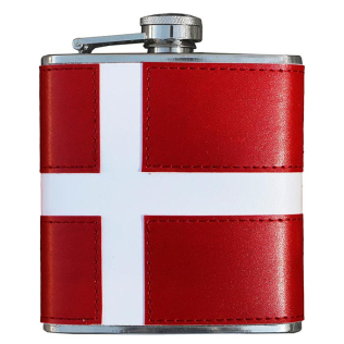 Flaske med Dannebrog-design, rød med hvidt kors, og metallisk skruelåg.