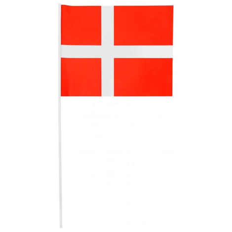 Dansk flag med hvidt kors på pind, velegnet til håndholdt brug.
