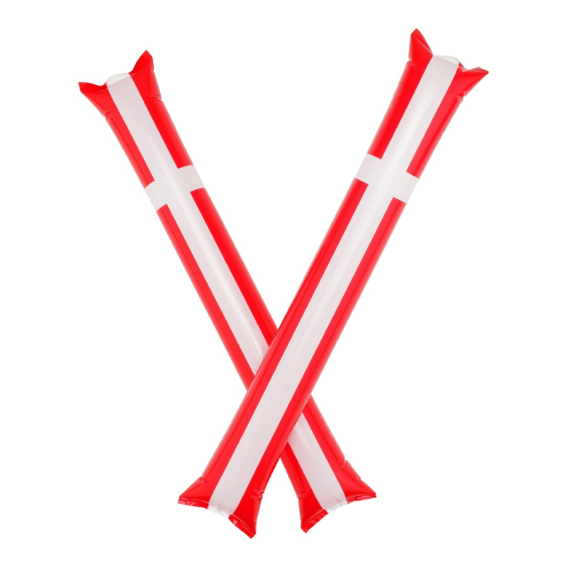 To oppustelige klappestave i rød og hvid med korsmønster, som Dannebrog-flaget.