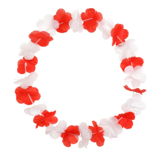 Halskrans med røde og hvide blomster i en cirkulær form, designet til at bæres om halsen.