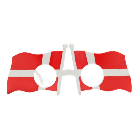 Briller med rød/hvidt Dannebrog-design, cirkulære linser, dansk flagstil.