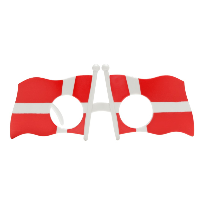 Briller med rød/hvidt Dannebrog-design, cirkulære linser, dansk flagstil.