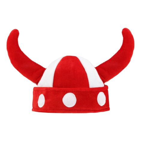 Rød og hvid vikingehat til børn med to horn og hvide prikker langs den røde kant.