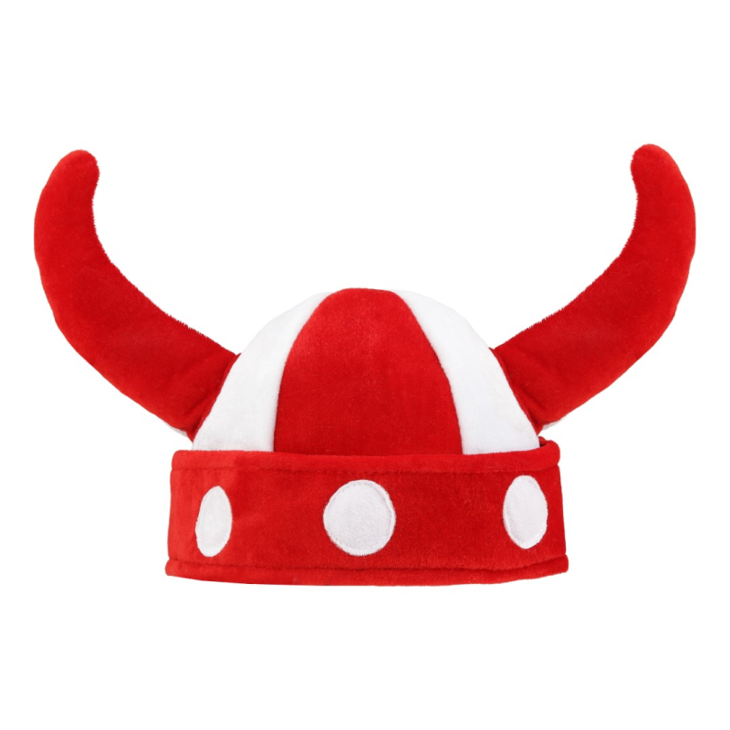 Rød og hvid vikingehat til børn med to horn og hvide prikker langs den røde kant.