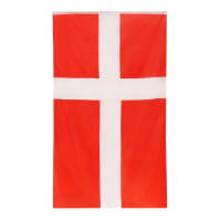Rødt flag med hvidt kors, Dannebrog, med ophængsdetaljer øverst.