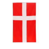 Dannebrogsflag med hvidt kors på rød baggrund, dimensioner 150x90 cm, velegnet til fejring.