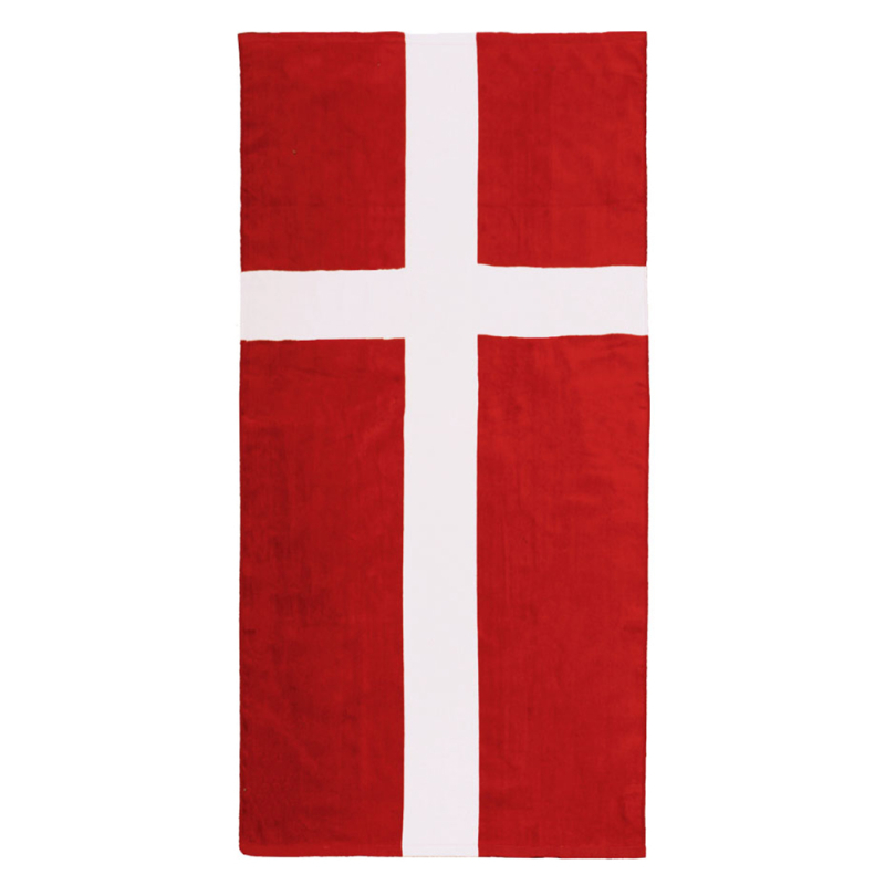 Rektangulært strandhåndklæde med Dannebrogsdesign, rød baggrund og hvidt kors.