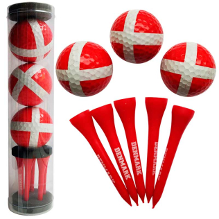 Tre golfbolde og fem tees med Dannebrog-design i en klar plastikrør.