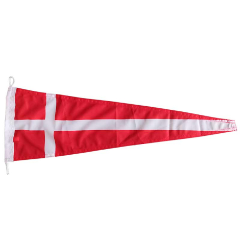 Dannebrog vimpel med rød baggrund og hvidt kors, tilspidset form, med rebøjer til fastgørelse.