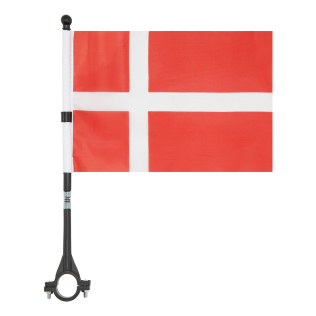 Dansk cykelflag med rødt og hvidt design, monteret på en stang med klemme til cykelstyr.