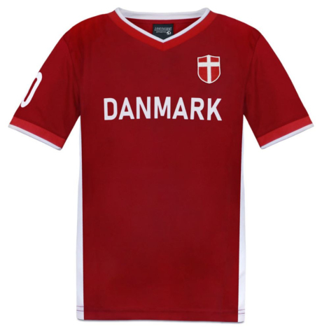 Danmark fodboldtrøje i rød og hvid set forfra