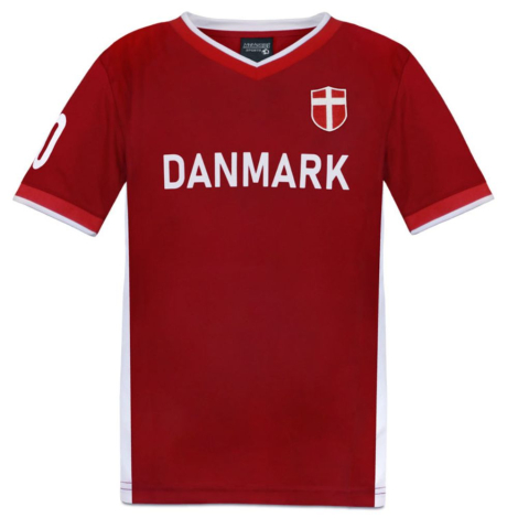 Rød fodboldtrøje med hvid tekst 