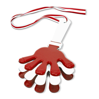 Håndformet klapper i rød og hvid med en snor til nem håndtering og transport.