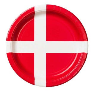 Rund papirtallerken med Dannebrog design, rød baggrund og hvidt kors. 23 cm, sæt af 8 stk.