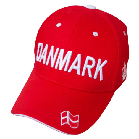 Danmark kasket i rød med broderet tekst og Dannebrogsflag