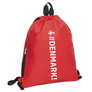 Rød rygsæk med snorlukning, teksten 