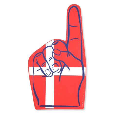 Stor, rød skumhånd med hvidt kors, der peger opad. Designet til at være synlig i mængder.