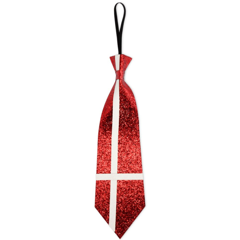 Rød glitter slips med hvidt korsdesign og sort ophængsløkke.