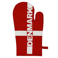 Rød grillhandske med hvidt kors og teksten 