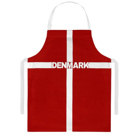 Rødt forklæde med hvidt kors som Dannebrog og teksten 