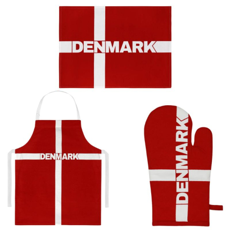 Forklæde, ovnhandske og viskestykke i rød og hvid, inspireret af det danske flag.