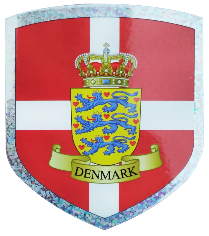 Skjoldformet klistermærke med Danmarks flag, våbenskjold og teksten