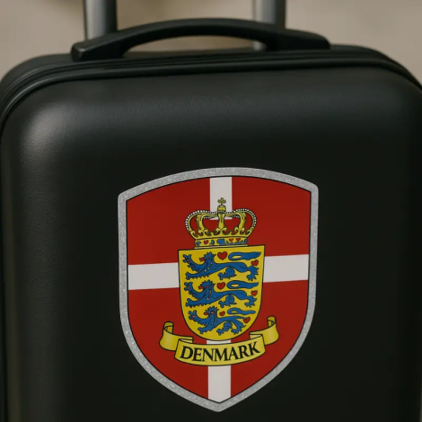 Klistermærke med våbenskjold flag placeret på en kuffert