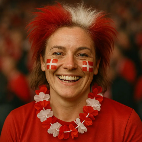 Dansk fan iført danmark halskrans i rød og hvid