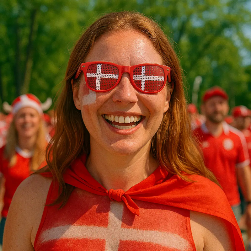 Kvinde i ført Danmark roligan solbriller i rød og hvid