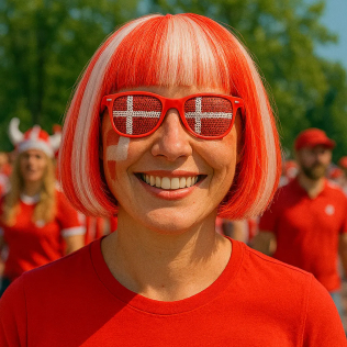 Danmark rød og hvid paryk på en kvindelig roligan