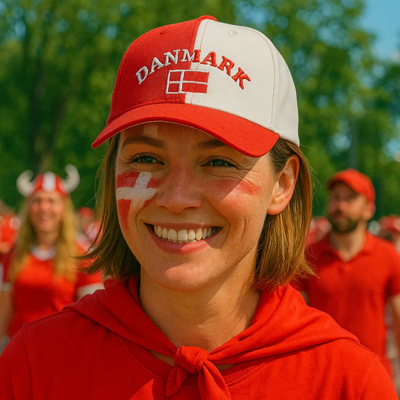 Kvinde iført Danmark kasket i rød og hvid