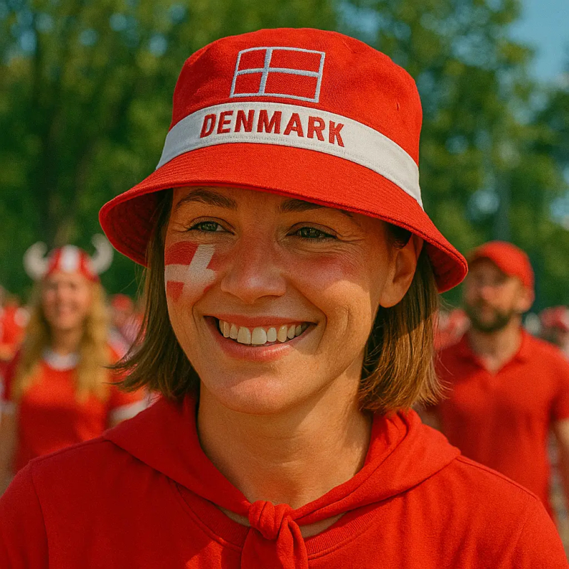Bøllehat Danmark i rød og hvid med broderet Dannebrog og Danmark tekst