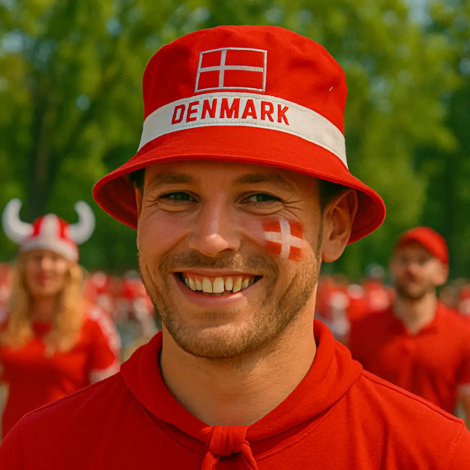 Mand iført Danmark bøllehat i rød og hvid