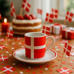 Espressokop med Dannebrog-design omgivet af flag, kage og gaver på et festligt bord.