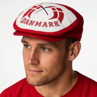 Danmark sixpence i rød og hvid med tekst og flag