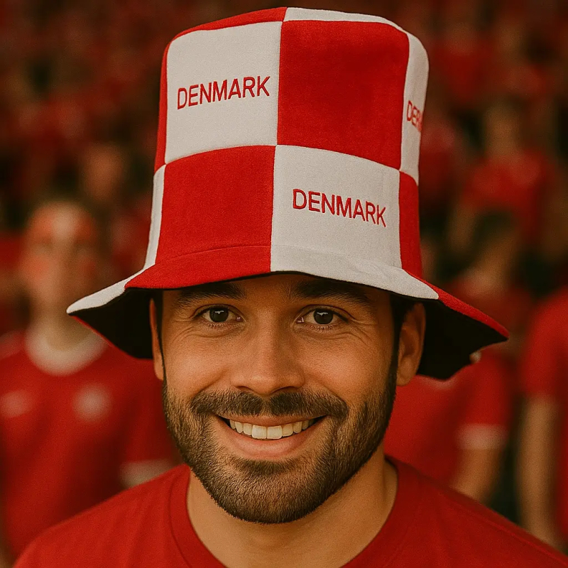 Sjov roligan hat i rød og hvid med Denmark tekst