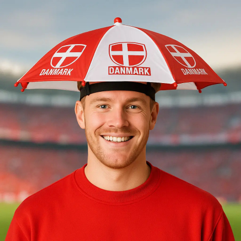 Paraplyhat i rød/hvid med Danmark-logoer på de hvide felter. Båret af en smilende person.