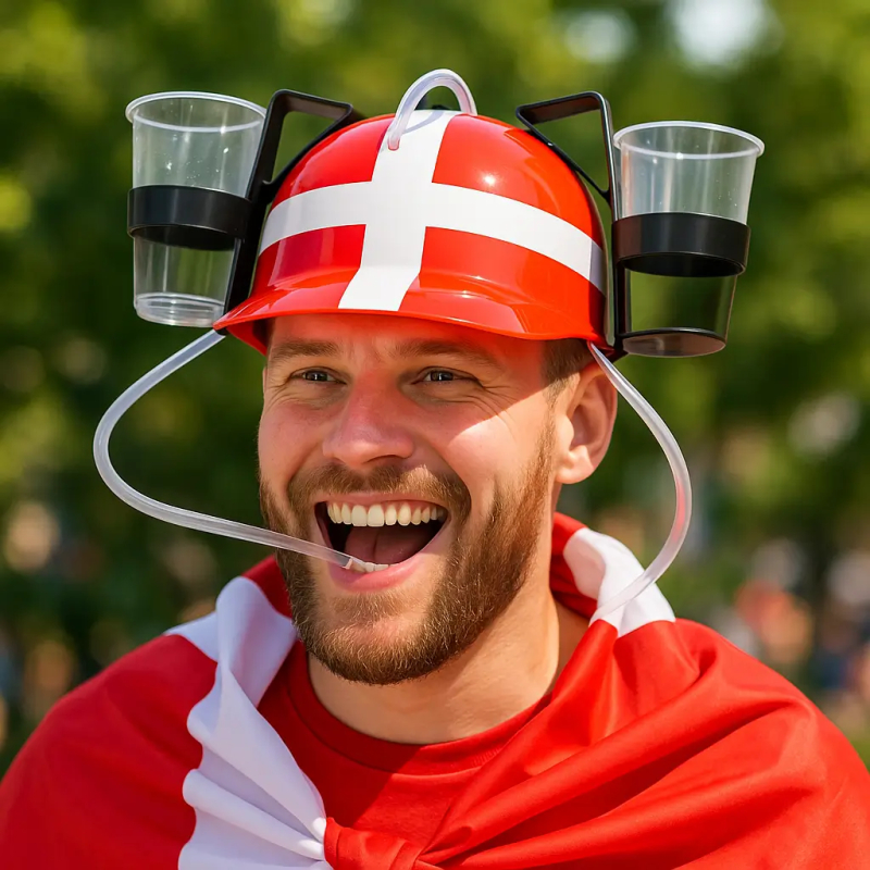 Danmark drikkehjelm i rød og hvid med Dannebrog design