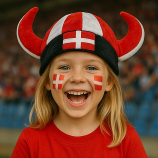 Barn med vikingehjelm og dannebrogsflag på kinderne, iført rød trøje, smilende.