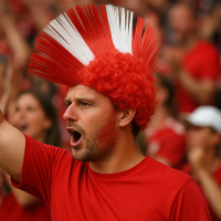 Person med rød-hvid hanekam paryk og krøllet hår, iført rød trøje, råber i en menneskemængde.