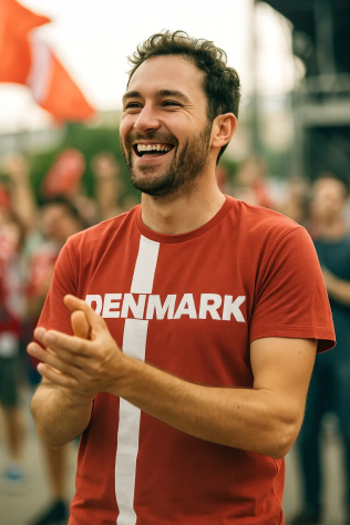 Mand smilende i rød T-shirt med hvid tekst 