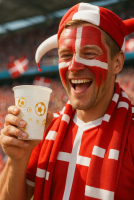 Mand med ansigtsmaling og hat holder engangskrus med guldfodboldmotiv på stadion.