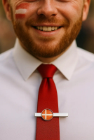 Mand med dannebrog malet på kinden og slipsenål med dannebrog