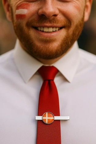 Mand med dannebrog malet på kinden og slipsenål med dannebrog