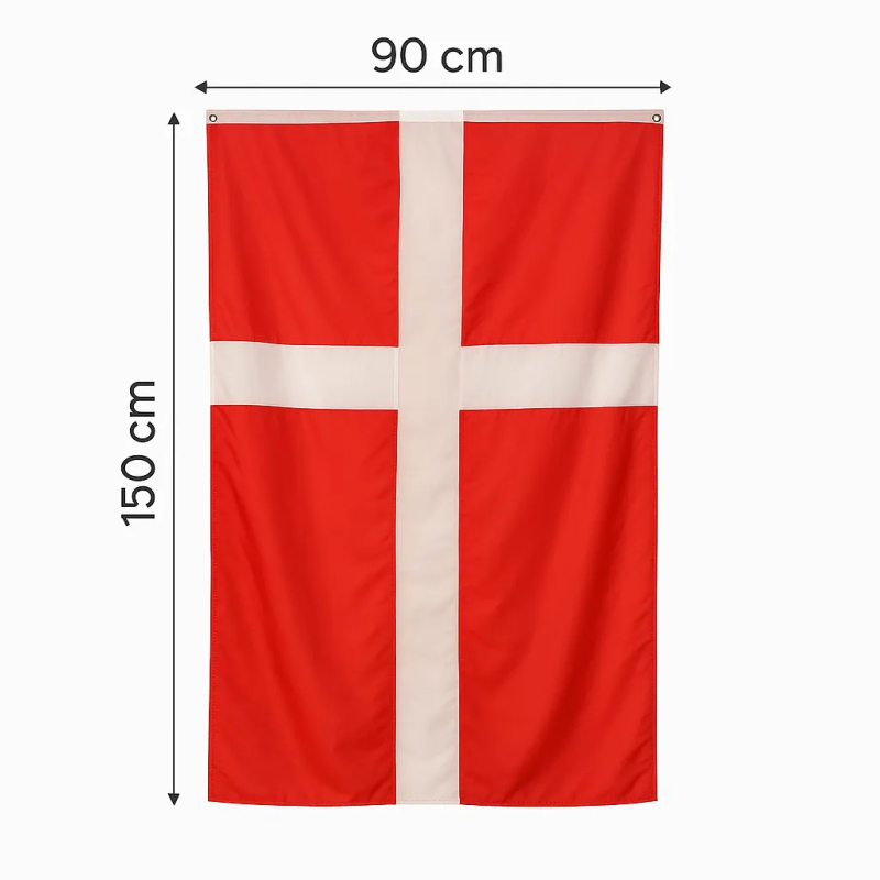 Dannebrogsflag dimensioner 150x90 cm med hvidt kors på rød baggrund, klar til fejring