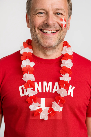 Mand med dannebrog ansigtsmaling, blomsterkrans og rød Danmark t-shirt