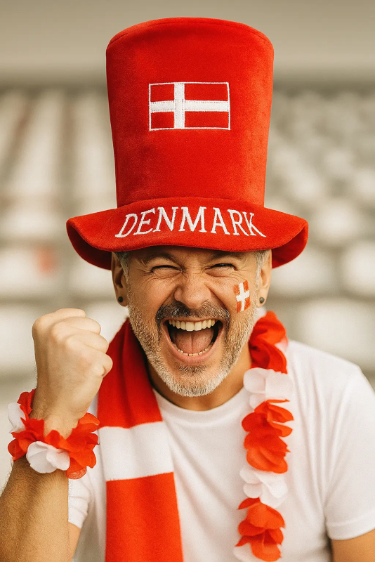 Portræt af en glad dansk fodboldfan med Dannebrogs hat og ansigtsmaling